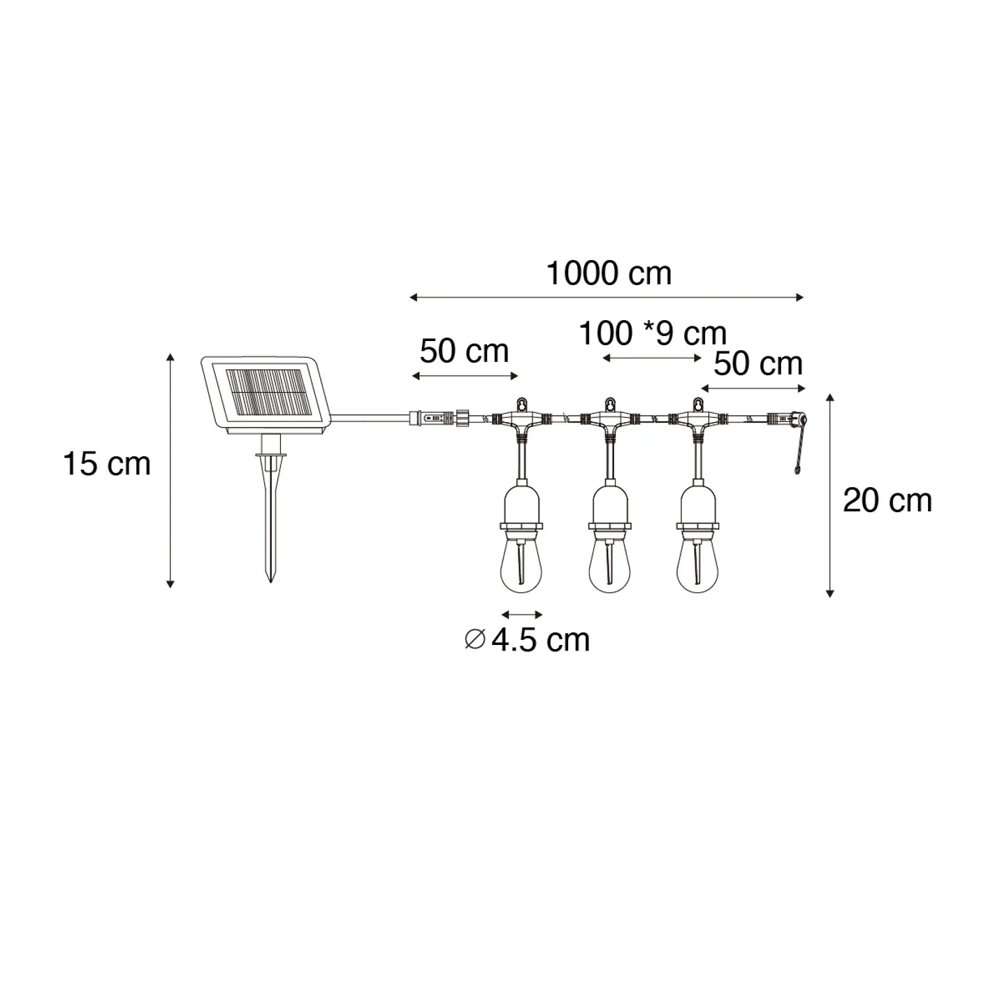 Luzes de corda exteriores 10m com LED 10 luzes solar - Russell